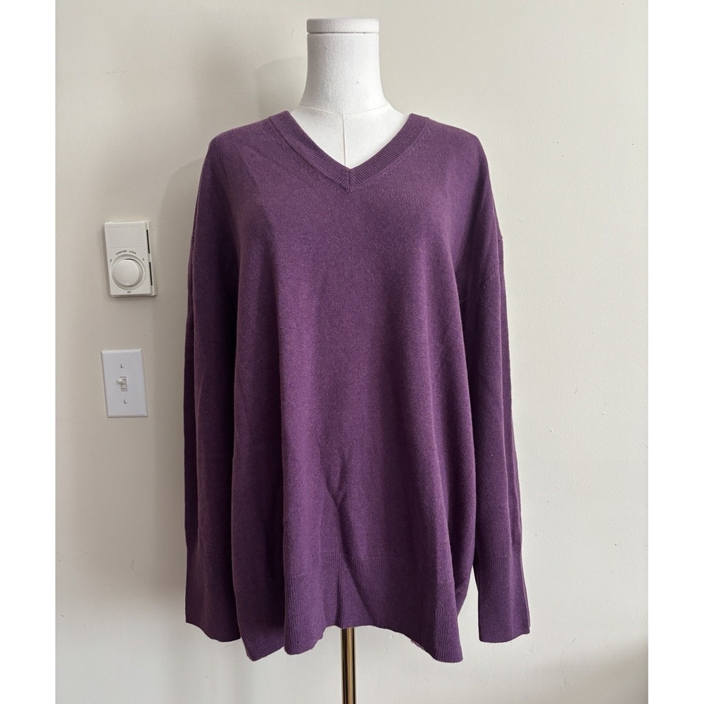 Zara Womens Large Oversized Knit Sweater V Neck Pullover 100% Wool Purple Autumn